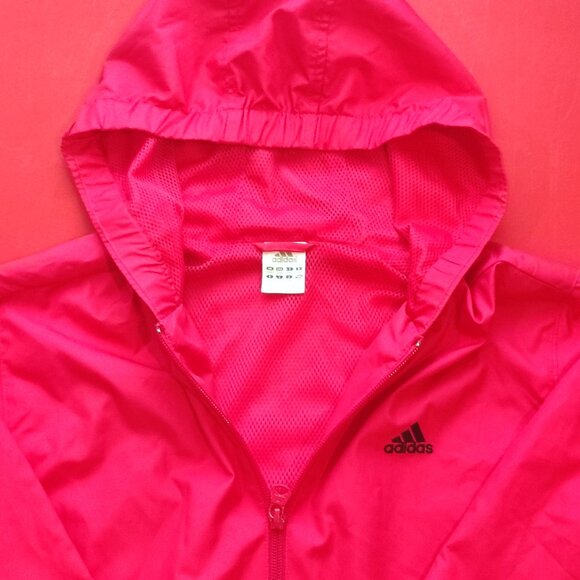 Adidas hooded windbreaker pink white  3 black stripes women's junior size L 14 - Picture 3 of 5